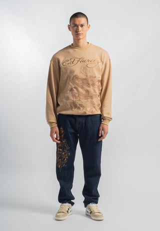 Męski sweter z okrągłym dekoltem w stylu vintage z przeciąganiem i logo - beżowy