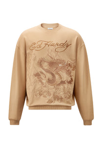 Męski sweter z okrągłym dekoltem w stylu vintage z przeciąganiem i logo - beżowy