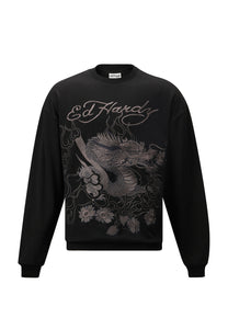 Męski sweter z okrągłym dekoltem w stylu vintage z przeciąganiem i logo - czarny