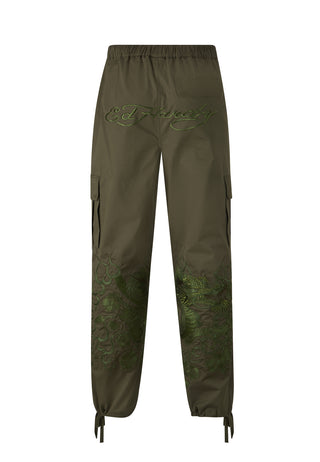 Mens Vintage-Dragon Embroidered Combat Trousers - Green
