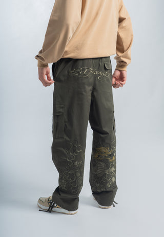 Mens Vintage-Dragon Embroidered Combat Trousers - Green