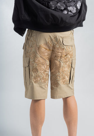 Herre Vintage-Dragon Broderede Combat Bukser Shorts - Beige