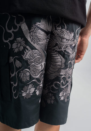 Herre Vintage-Dragon Broderede Combat Bukser Shorts - Sort