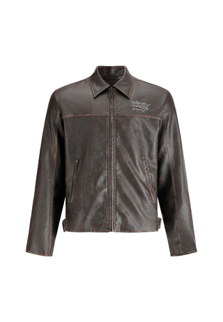 Mens Vintage Washed Vegan Leather Motocross Jacket - Brown