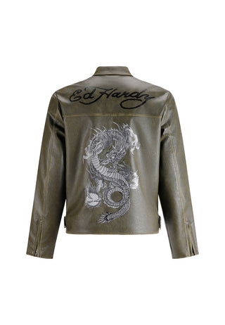 Mens Vintage Washed Vegan Leather Motocross Jacket - Green