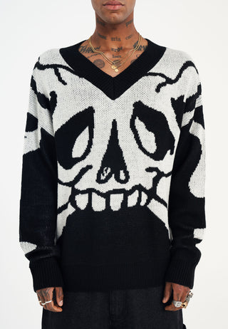 Mens Xl Skull V Neck Jaquard Knitted Jumper - Black/White