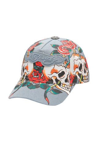 Unisex Skull Rose Denim 6 Panel Vintage Wash Applique Cap - Mid Blue