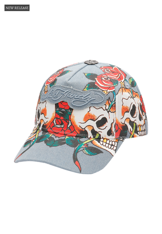 Unisex Skull Rose Denim 6 Panel Vintage Wash Applique Cap - Mid Blue