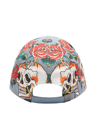 Unisex Skull Rose Denim 6 Panel Vintage Wash Applique Cap - Mid Blue