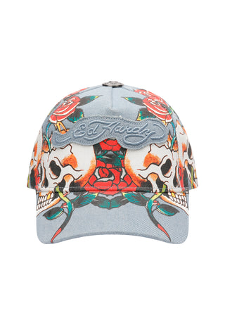 Unisex Skull Rose Denim 6 Panel Vintage Wash Applique Cap - Mid Blue