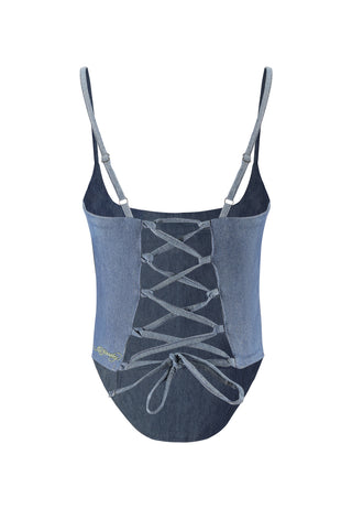 Womens Antique Butterfly Denim Corset Top - Indigo