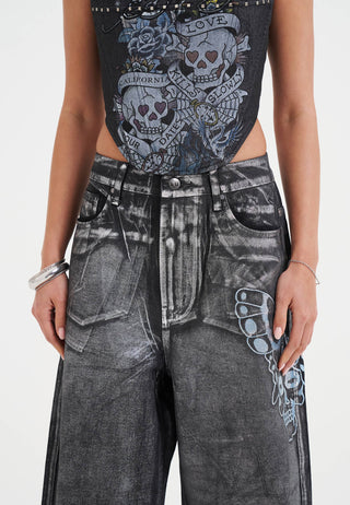 Womens Butterfly Skull Metallic Xxtra Denim Trousers Jeans - Black