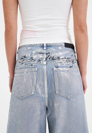 Womens Butterfly Skull Metallic Xxtra Denim Trousers Jeans - Bleach