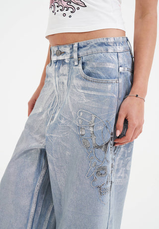 Womens Butterfly Skull Metallic Xxtra Denim Trousers Jeans - Bleach