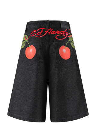 Womens Cherry Love Bomb Relaxed Denim Jorts Shorts - Schwarz