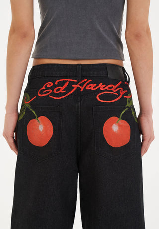 Shorts femininos Cherry Love Bomb relaxados jeans - preto