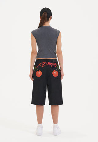 Kvinners Cherry Love Bomb Relaxed Denim Jorts Shorts - Svart