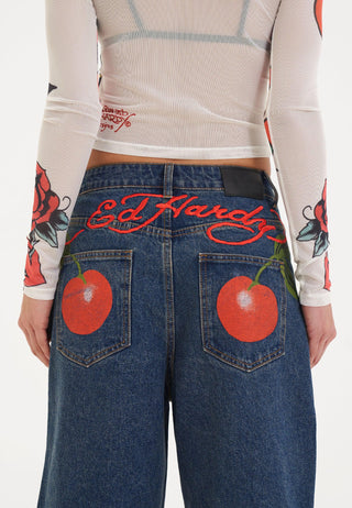 Shorts jeans femininos Cherry Love Bomb relaxados - Indigo