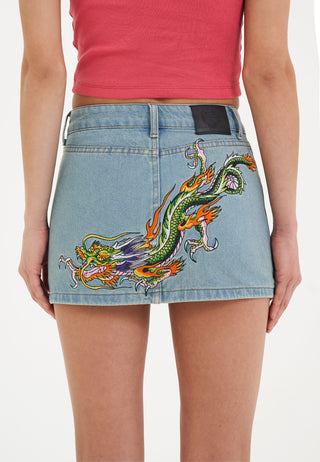 Dame Crawling Dragon Denim Mini-nederdel - Blå