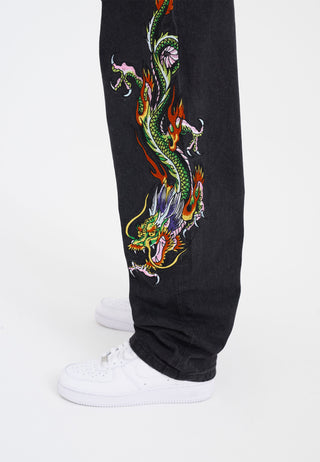Damen-Jeans „Crawling Dragon“ mit entspannter Passform aus Denim – Schwarz