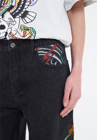 Damen-Jeans „Crawling Dragon“ mit entspannter Passform aus Denim – Schwarz