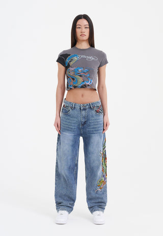 Jeans da donna con vestibilità rilassata, drago strisciante, jeans - candeggina