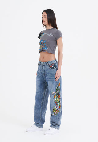Jeans da donna con vestibilità rilassata, drago strisciante, jeans - candeggina