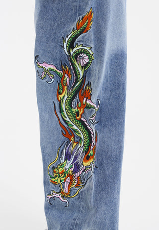 Dames Crawling Dragon Relaxed Fit Denim Broek Jeans - Bleekmiddel