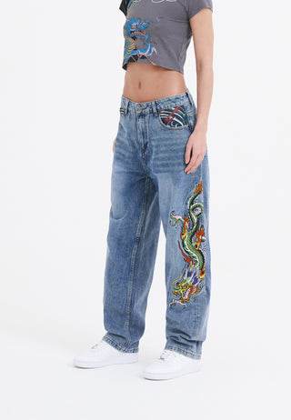 Damen-Jeans „Crawling Dragon“ mit entspannter Passform aus Denim – gebleicht