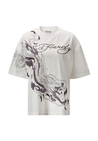 Relaxed T-shirt met kruipende draak voor dames - wit