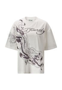 T-shirt rilassata da donna con drago strisciante - bianca