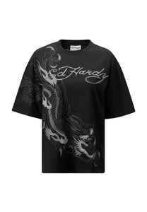 Camiseta feminina com estampa de dragão rastejante - preta