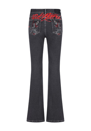 Dames Crystal Koi uitlopende denimbroek jeans - zwart