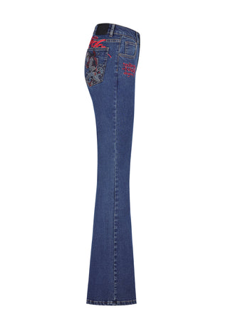 Damskie jeansy z rozszerzanymi nogawkami Crystal Koi – Indygo