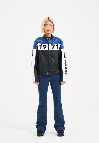 Womens ED-1971 Moto Biker Jacket- Black/Blue/White