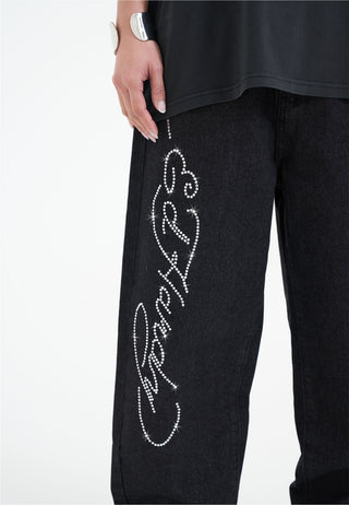 Dame Crystal Roar Diamante Relaxed Denim Bukser Jeans - Sort
