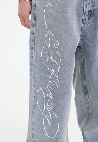 Calça jeans feminina Crystal Roar Diamante relaxada - Bleach