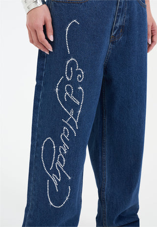 Dames Crystal Roar Diamante Relaxed Denim Broek Jeans - Indigo
