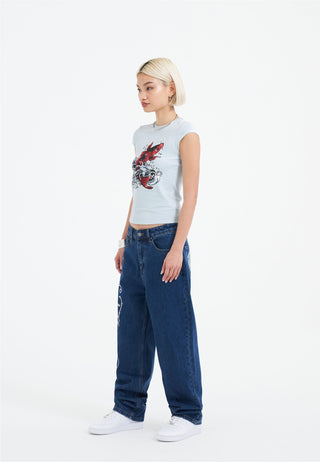 Damen-Jeans „Crystal Roar Diamante“, entspannte Denim-Hose – Indigo