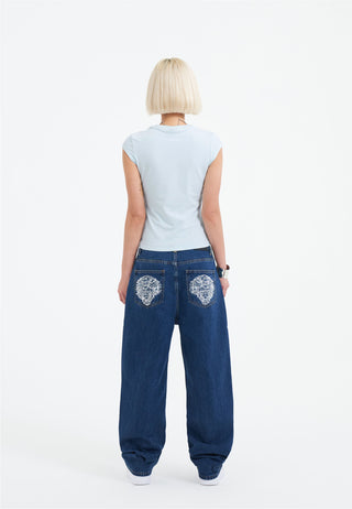 Calça jeans feminina Crystal Roar Diamante relaxada - Indigo