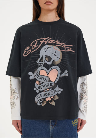 Camiseta feminina relaxada de manga dupla Death and Dishonor