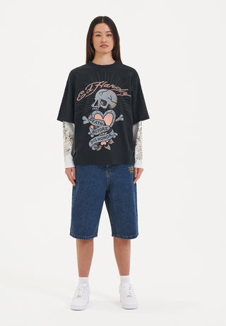 Camiseta feminina relaxada de manga dupla Death and Dishonor