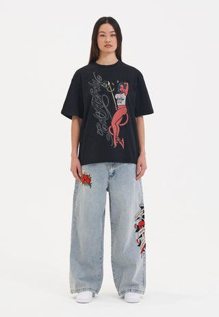 Camiseta feminina Devil In Details relaxada - preta