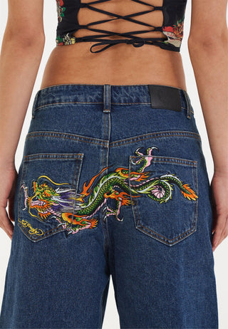 Shorts jeans femininos Dragon Crawl relaxados - Indigo
