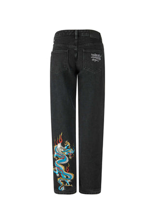Damen-Jeans „Dragon Flame“ mit geradem Bein aus Denim – Schwarz