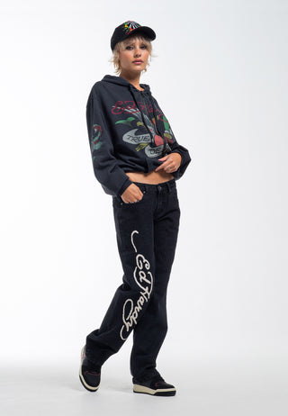 Damen-Jeans „Dragon Flame“ mit geradem Bein aus Denim – Schwarz