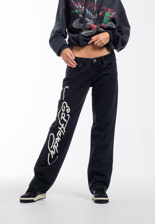 Calça jeans feminina Dragon Flame com perna reta - preta