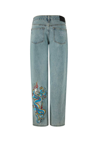 Calça jeans feminina Dragon Flame com perna reta - Azul