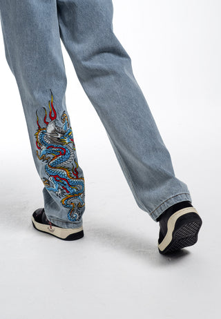 Pantalones vaqueros de mezclilla con pierna recta Dragon Flame para mujer - Azul
