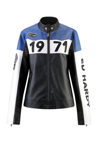 Veste de motard ED-1971 pour femme - Noir/Bleu/Blanc